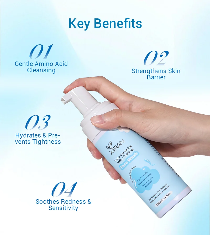 Hand holding XIRAN foaming face wash bottle with highlighted benefits: gentle cleansing, strengthens skin barrier, hydrates, and soothes sensitivity.